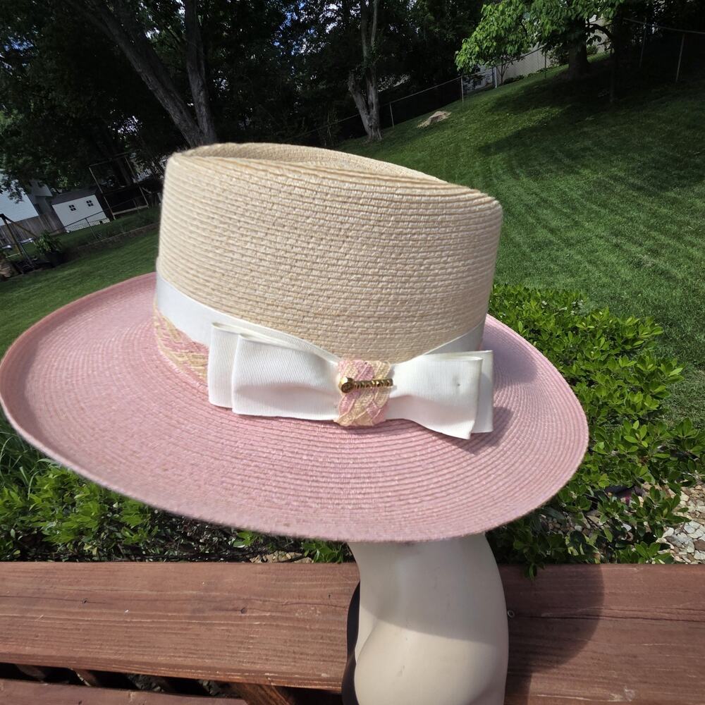 NWT Biltmore Milan Golf Hat Pink Tan Straw Derby Resort Hat Small - Picture 5 of 10